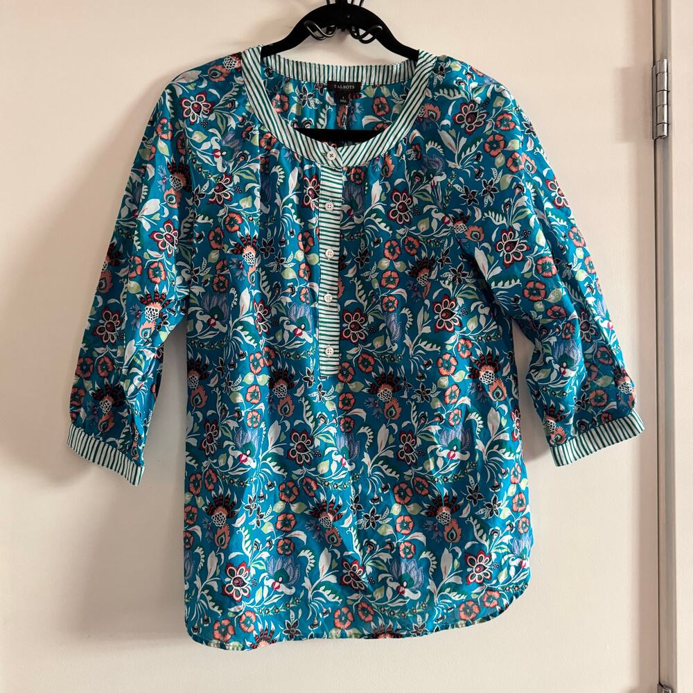 New Talbots ,Band Collar Popover Jacobean Floral Top Blue Multi 3/4 Sleeve Sz S